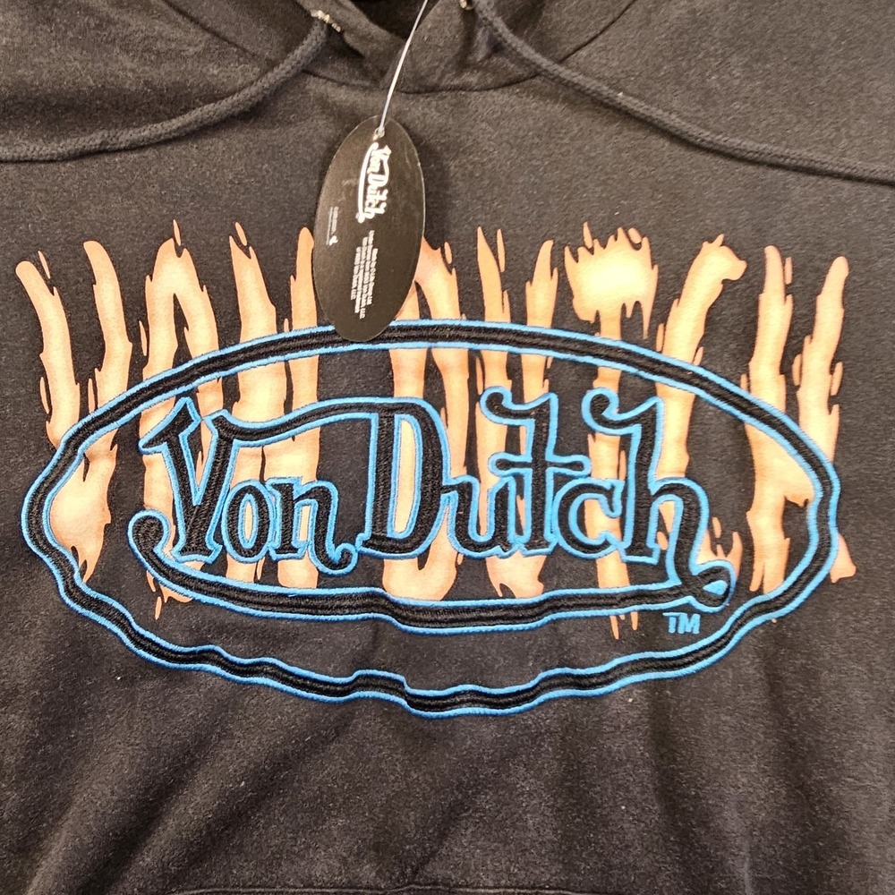 NWT Von Dutch Moto Flame Hoodie Dark Gray Graphic Logo Pullover Sz Med A6 - Picture 2 of 11